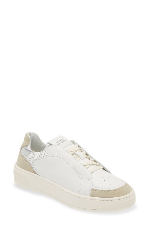 Stuart Weitzman Courtside Retro Sneaker In Beige/white/silver Calf