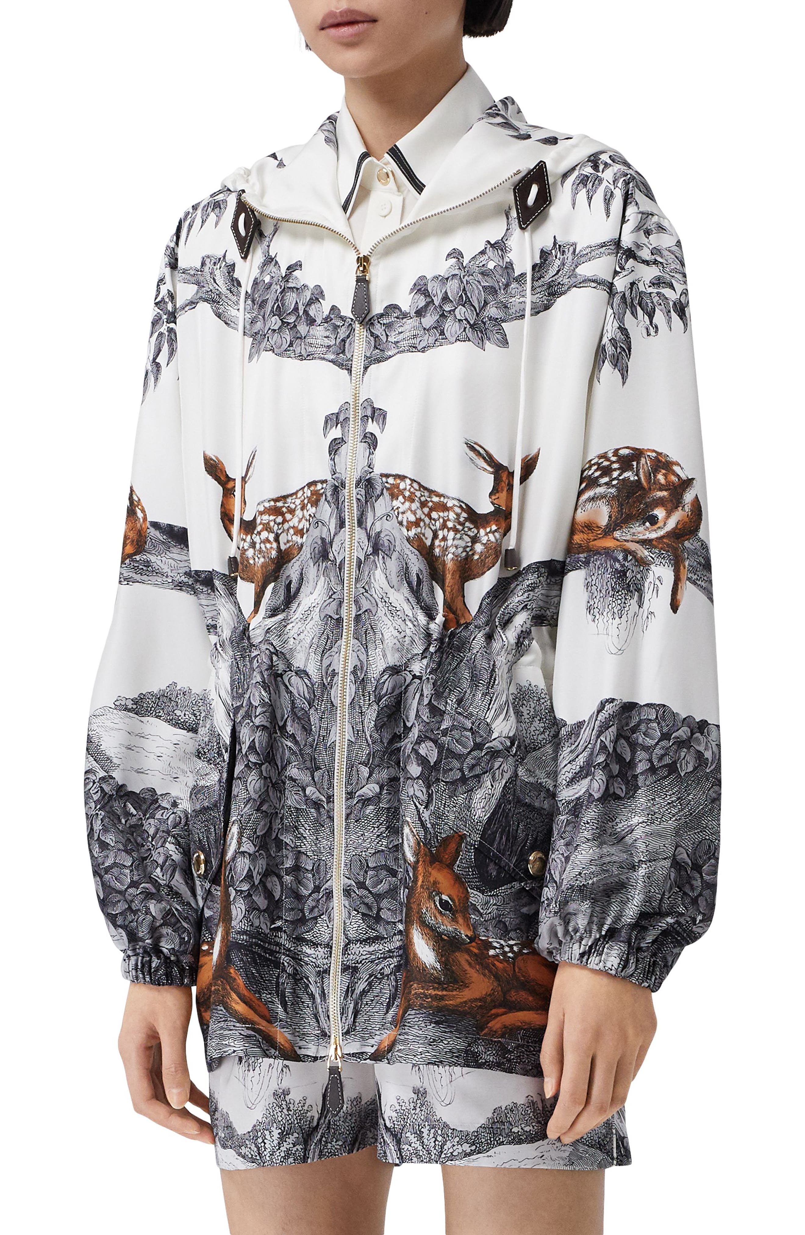 Women's Burberry Binham Deer Sketch Print Hooded Silk Jacket | Smart Closet