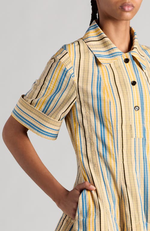 Shop Bottega Veneta Optical Crinkle Check Cotton Midi Shirtdress In Yellow/blue/black