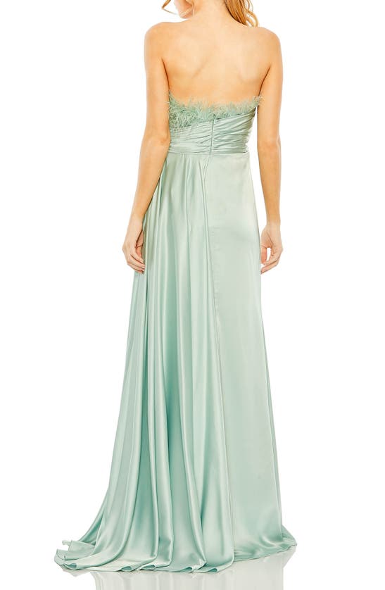 Shop Mac Duggal Feather Detail Ruched Strapless Gown In Seafoam