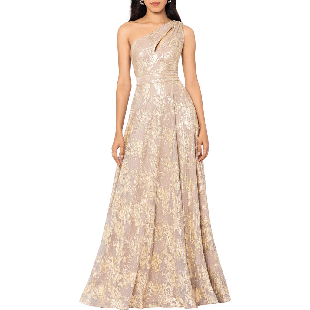 BETSY & ADAM BETSY & ADAM METALLIC FLORAL ONE-SHOULDER SHEATH GOWN