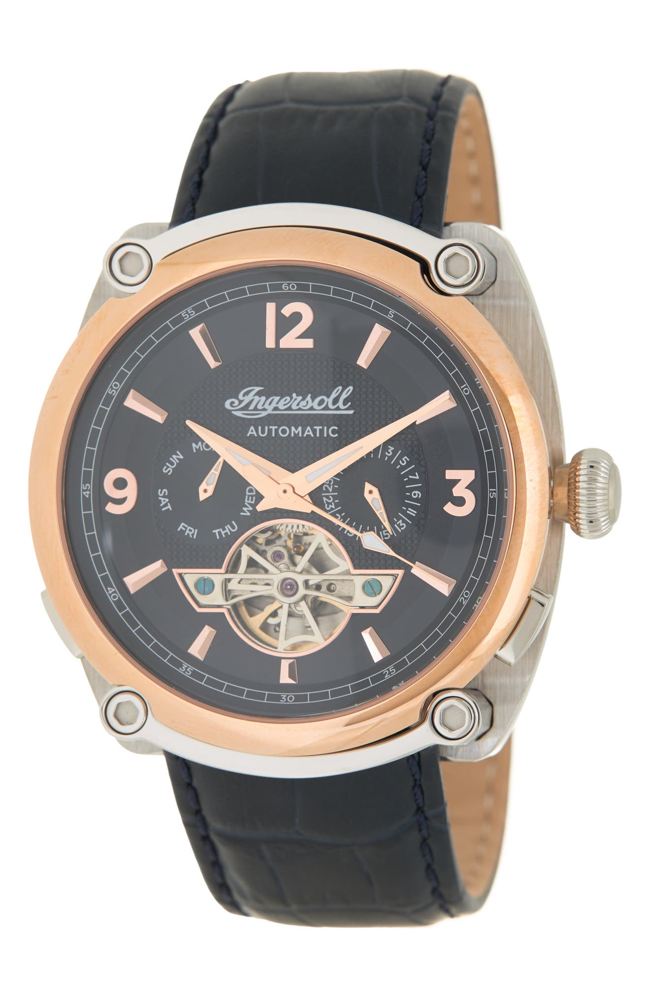 Ingersoll Watches Michigan Automatic Multifunction Leather Strap Watch, 45mm In Two Tone/ Blue/ Blue