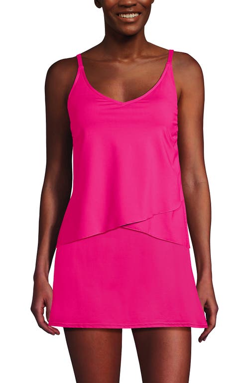 Shop Lands' End Long Torso Chlorine Resistant V-neck Tulip Hem Tankini Swimsuit Top With Adjustable Strap In Prism Pink