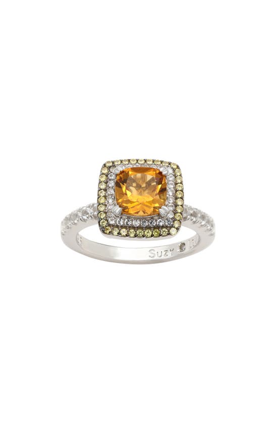 Suzy Levian Sterling Silver Purple Amethyst Cushion Cut And Sapphire Accent Ring In Yellow