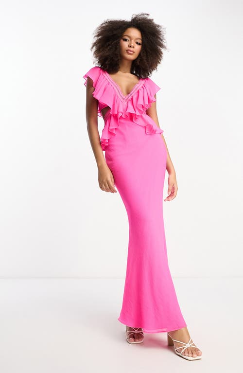 ASOS DESIGN Ruffle Chiffon Cutout Dress in Bright Pink