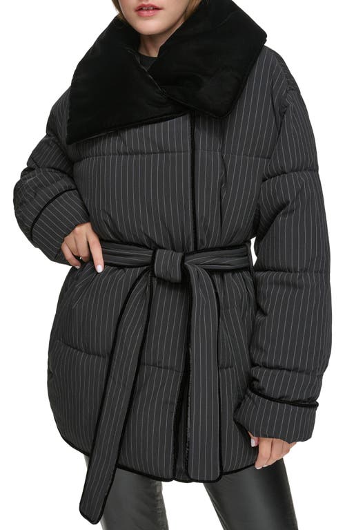 Andrew Marc Krithia Pinstripe Belted Puffer Coat In Black
