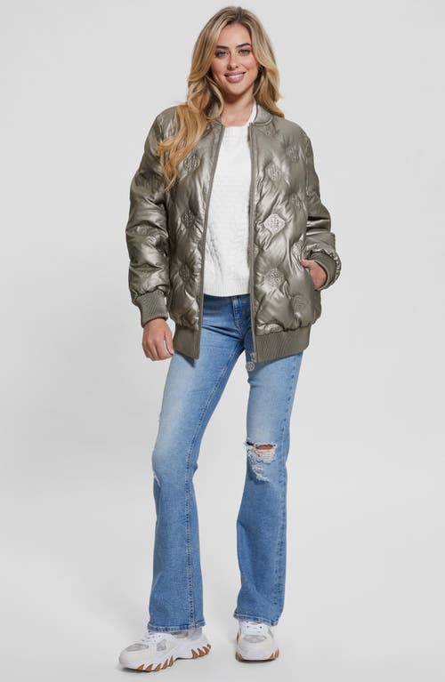 Shop Guess Marianne Peony Metallic Faux Leather Quilted Bomber In Metallic Bronze Logo