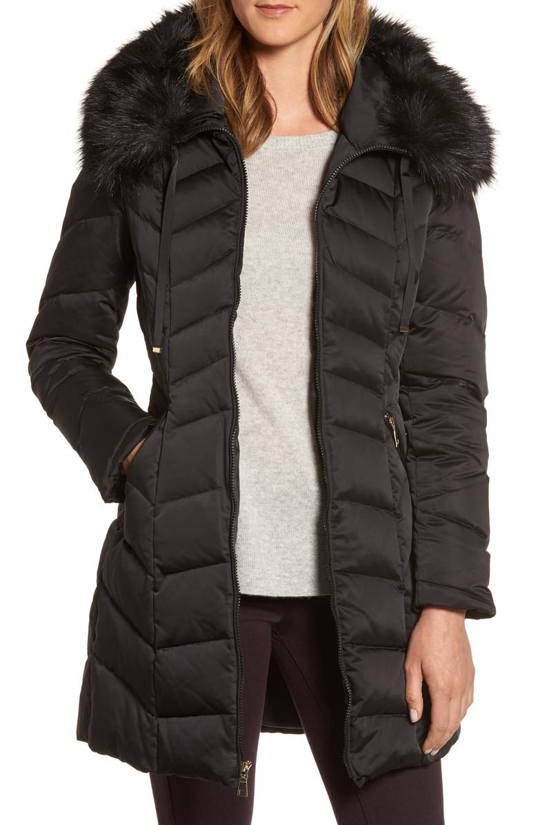 Tahari Gwen Chevron Down Feather Faux Fur Coat Nordstrom