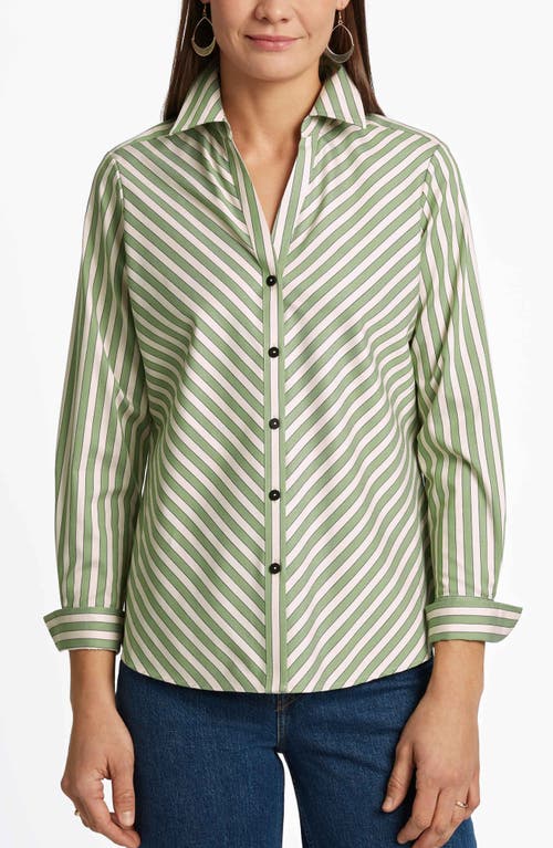 Shop Foxcroft Mary Stripe Stretch Button-up Shirt In Olive/neutral