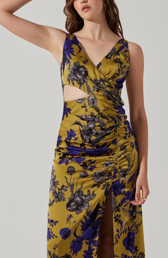 Shop Astr Floral Ruched Cutout Dress In Chartreuse Indigo Floral