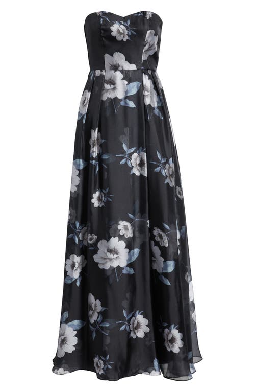 Lulus Regal Status Black Floral Print Strapless Maxi Dress In Black/white/blue