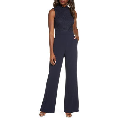 Vince Camuto Mock Neck Lace & Crepe Jumpsuit, Blue