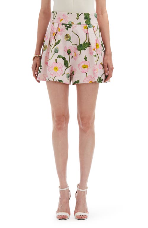 Oscar De La Renta Poppy Print Pleated Cloqué Jacquard Shorts In Pink