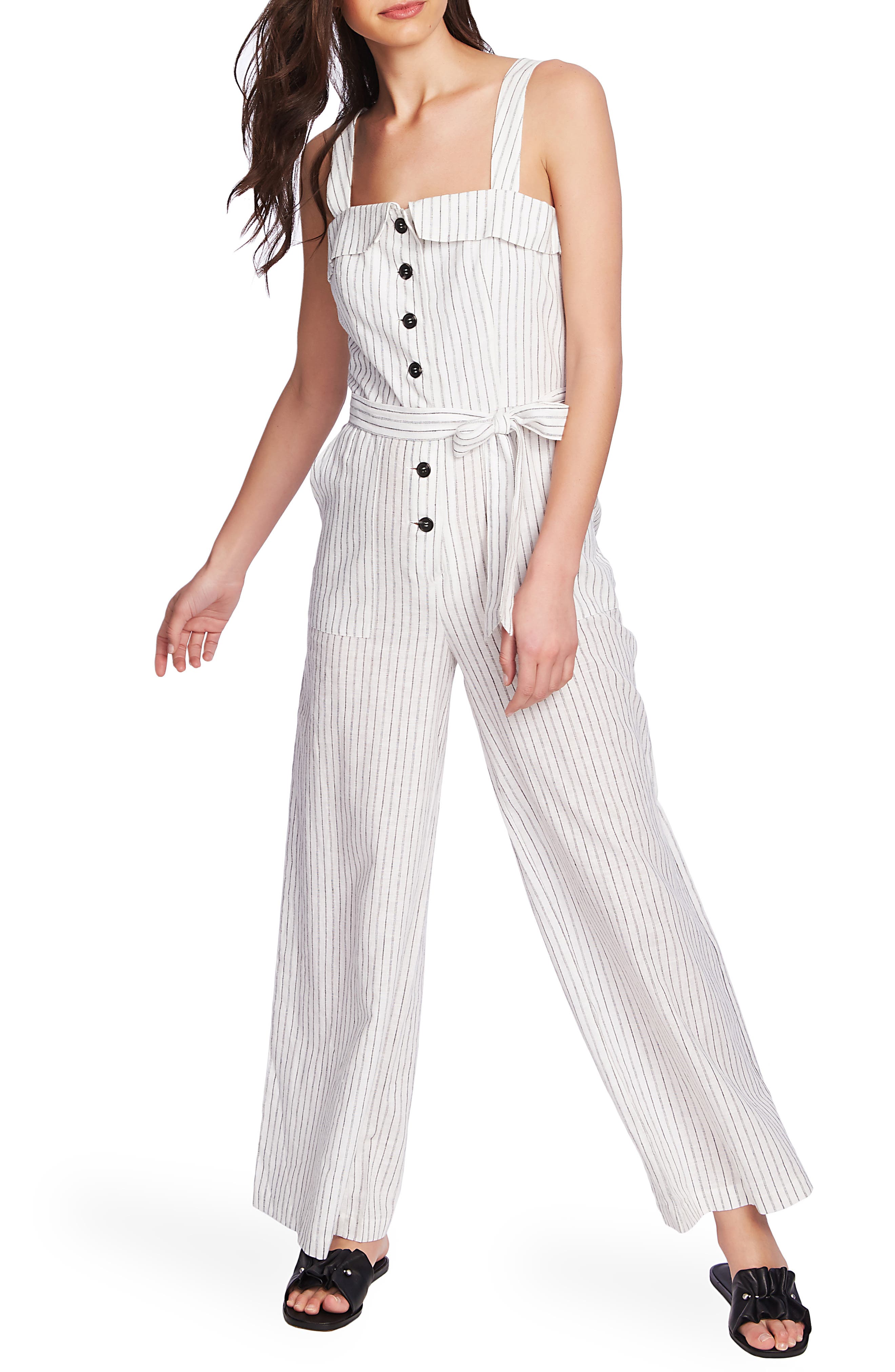1.state Button Front Canopy Stripe Jumpsuit, Black
