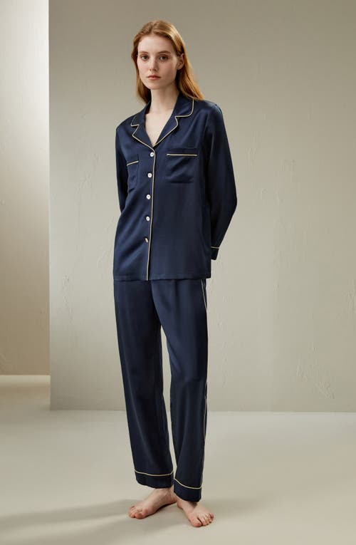 Shop Lilysilk 22mm Gold Piping Silk Pajamas Set In Navy Blue