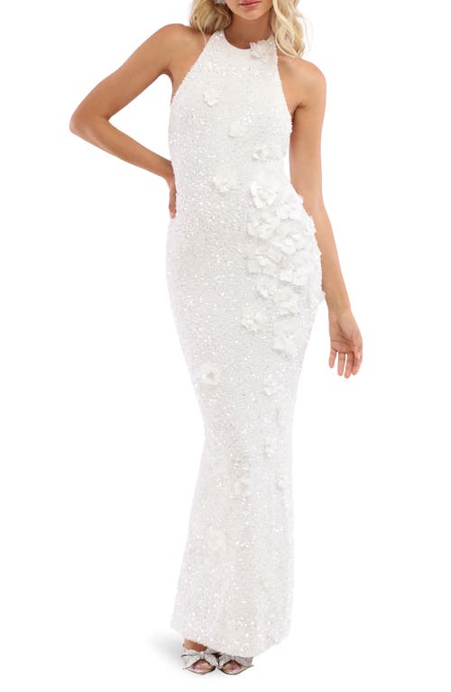 HELSI Brice Sequin & Floral Appliqué Stretch Velvet Column Gown White at Nordstrom,