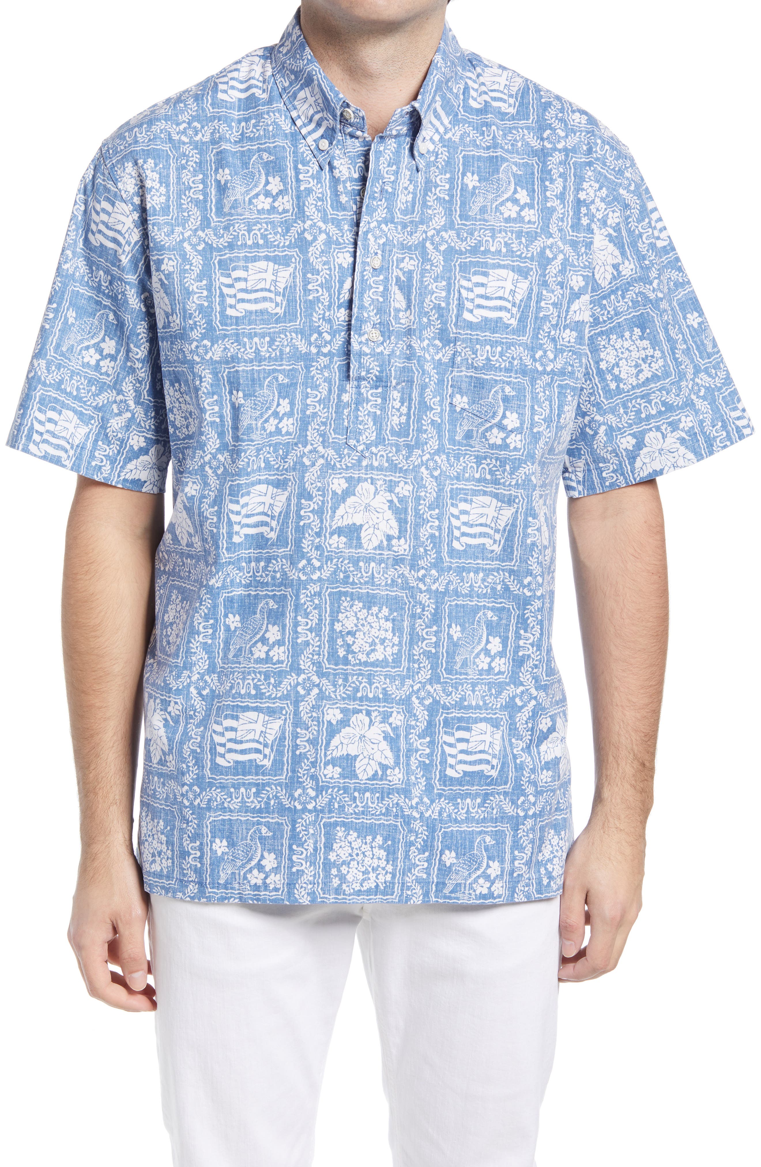 1950s Men’s Shirt Styles – Casual, Gaucho, Camp Reyn Spooner Lahaina Sailor Regular Fit Popover Shirt in Denim at Nordstrom Size Medium $109.50 AT vintagedancer.com