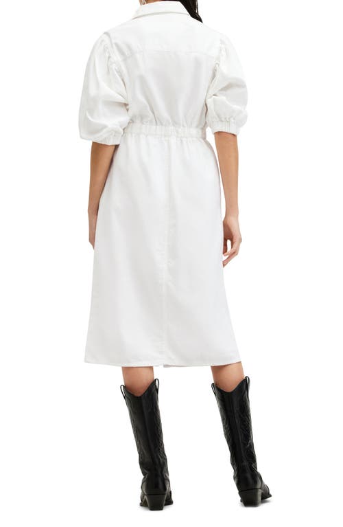 Allsaints Womens Chalk White Osa Puff-sleeve Elasticated-waist Denim Midi Dress In Chalk White
