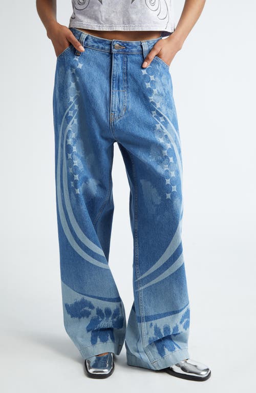 Printed Baggy Wide Leg Jeans in Blue Denim