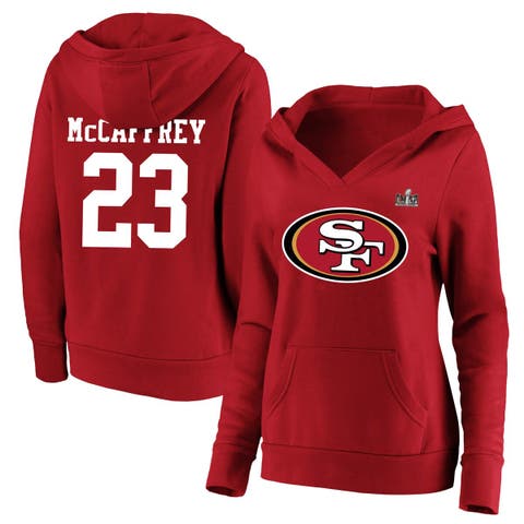 Women's Fanatics Branded Christian McCaffrey Scarlet San Francisco 49ers Super Bowl LVIII Plus Size Player Name & Number V-Neck Fleece Pullover Hoodie