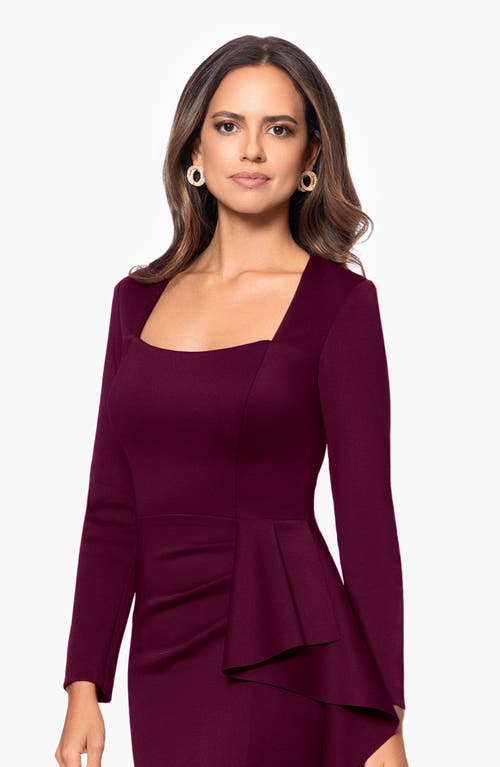 Xscape Evenings Side Ruffle Long Sleeve Scuba Gown In Wine