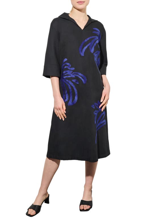 Shop Ming Wang Embroidered Twill Shift Dress In Black/gentian Blue