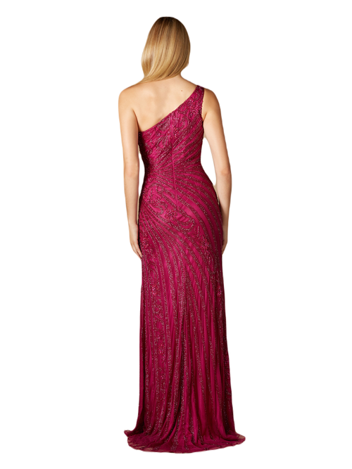 Shop Lara New York One-shoulder Beaded Gown With Slit In Fuchsia