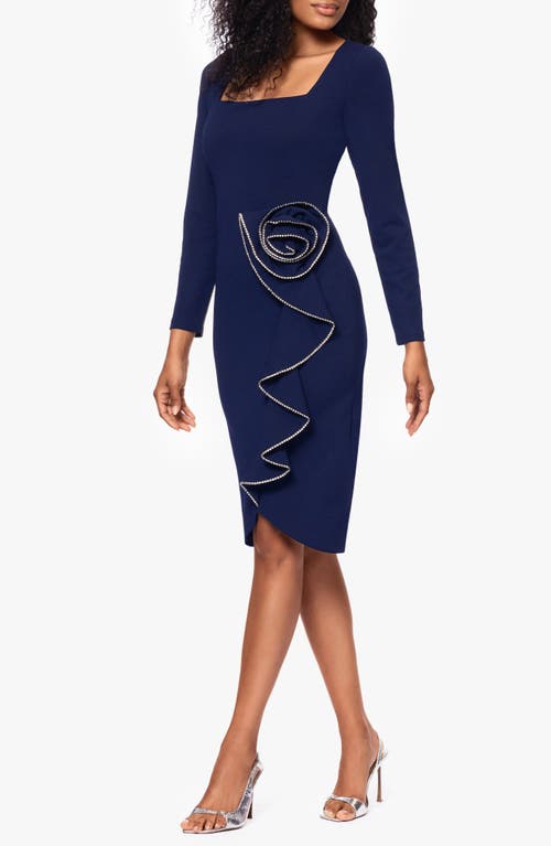 Shop Betsy & Adam Crystal Rosette Long Sleeve Sheath Cocktail Dress In Navy/crystal