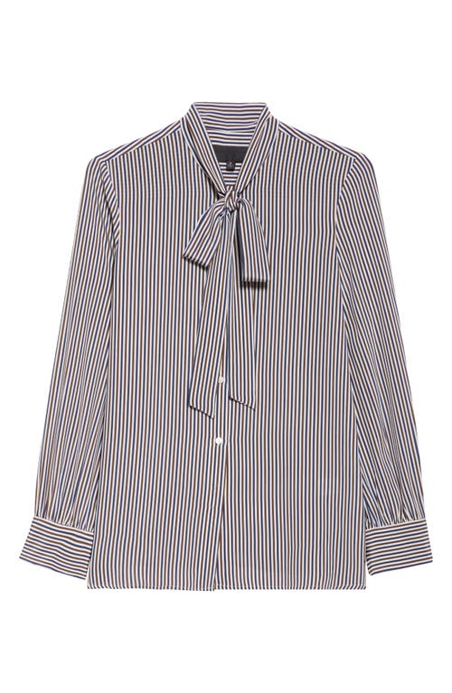 Shop Nili Lotan Irina Stripe Tie Neck Silk Button-up Shirt In Ivy/brown/navy Stripe