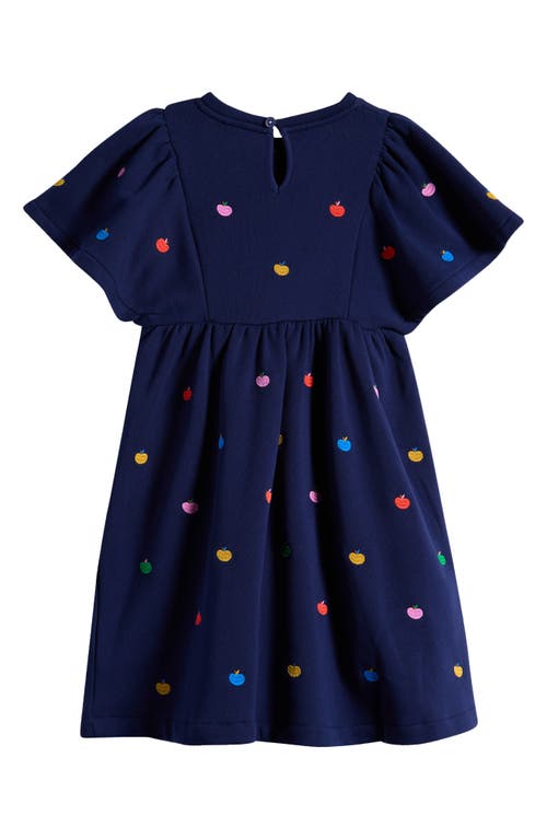 Mini Boden Kids' Apple Embroidered Flutter Sleeve Sweatshirt Dress In College Navy Rainbow Apples