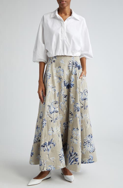 Shop Lela Rose Floral High Waist Linen Skirt In Oxford