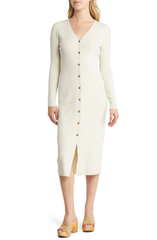 Shop Caslon Long Sleeve Button-up Rib Sweater Dress In Beige Oatmeal Light Heather