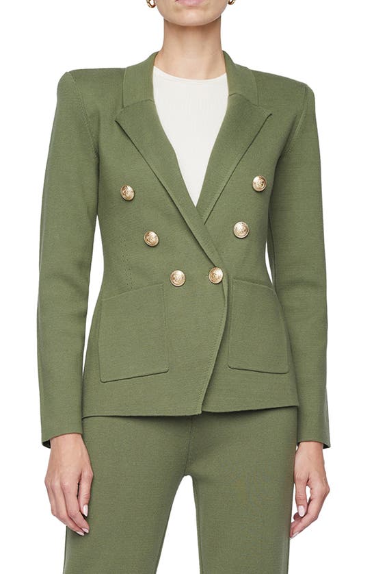 Shop L Agence Kenzie Cotton Blend Knit Double Breasted Blazer In Clover/ Gold