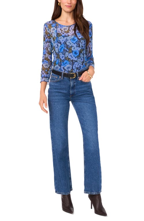 Shop Vince Camuto Floral Exposed Seam Mesh Top In Royal Azure