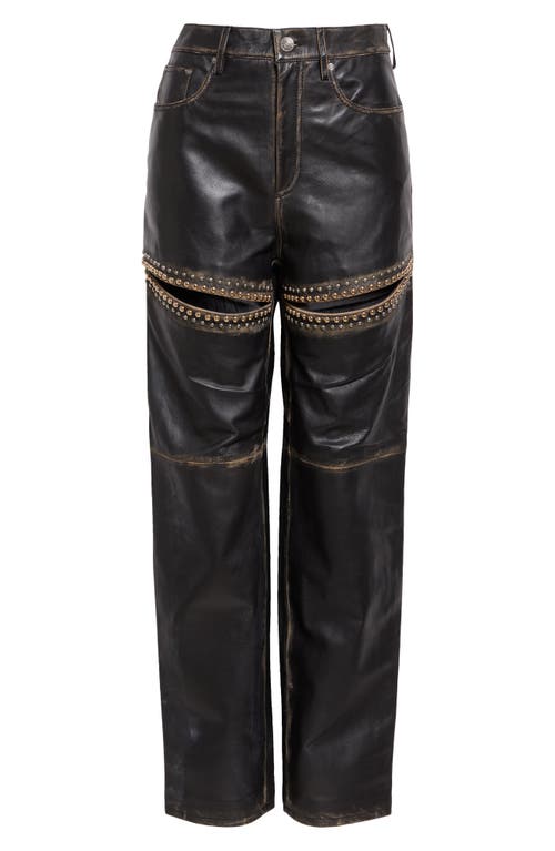 Area Studded Slit Leather Straight-leg Jeans In Black