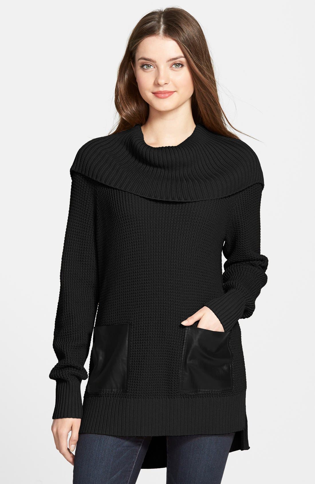 MICHAEL Michael Kors Faux Leather Pocket Cowl Neck Sweater (Regular