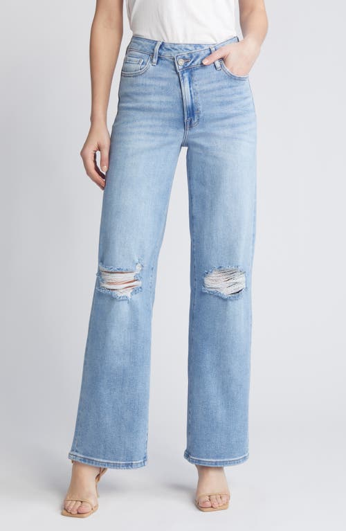 Ripped Crossover Straight Leg Jeans in Light Wash