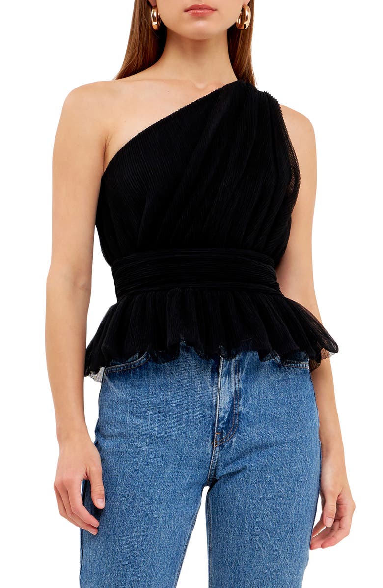 Endless Rose One-Shoulder Textured Tulle Top, Alternate, color, Black