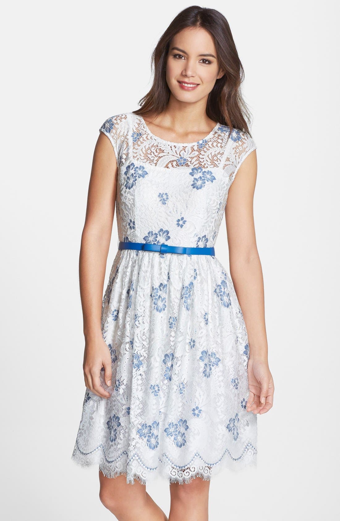 Chetta B Belted Embroidered Lace Fit & Flare Dress | Nordstrom