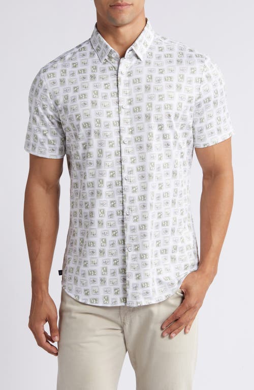 Halyard Trim Fit Print Short Sleeve Performance Knit Button-Up Shirt in Fog Green Prickly Stamp