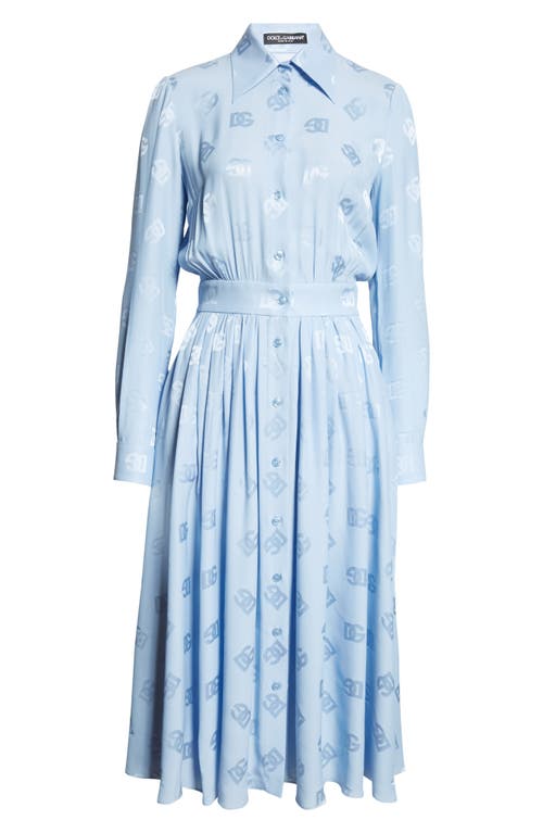 Dolce & Gabbana Silk Satin Jacquard Shirt Dress With Dg Logo In Blue
