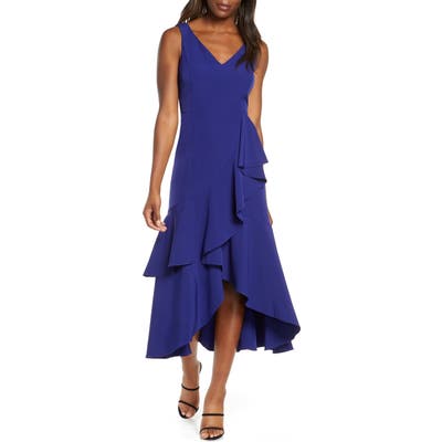Taylor Dresses Crepe Tiered High/low Midi Dress, Blue