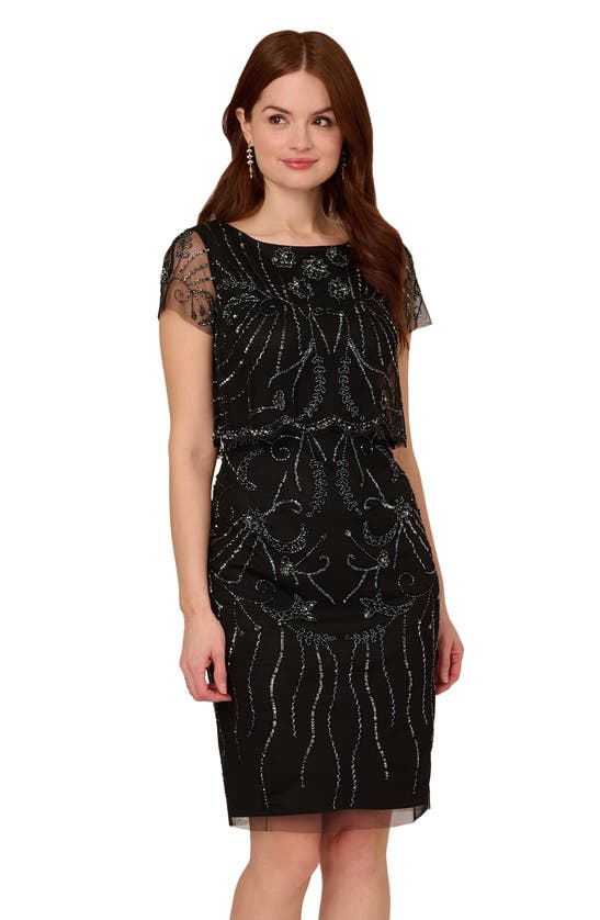 Shop Adrianna Papell Beaded Cocktail Dress In Black/ Gunmetal