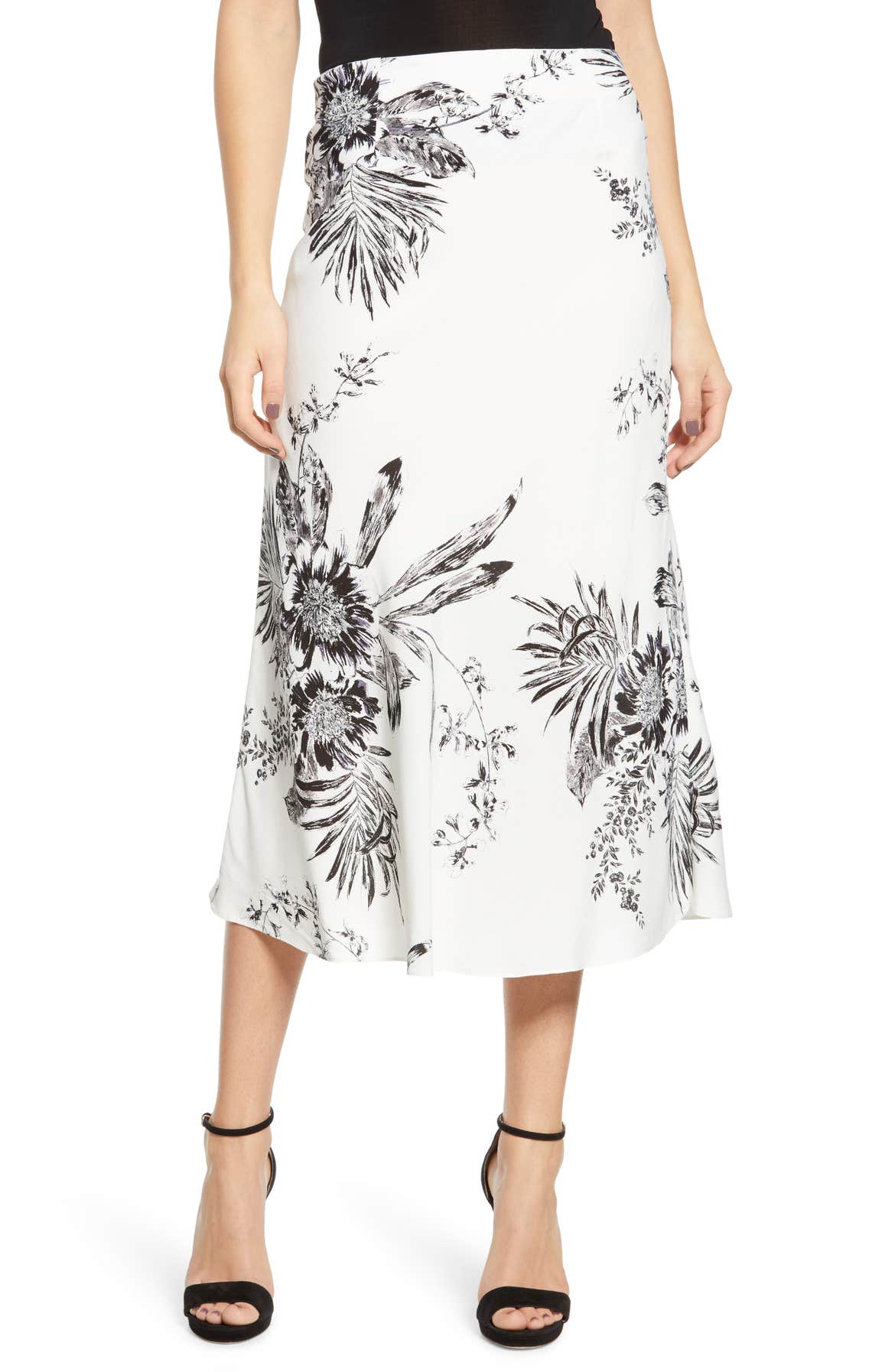  Bias Cut Midi Skirt, Main, color, IVORY ILLUSTRATED FLORAL