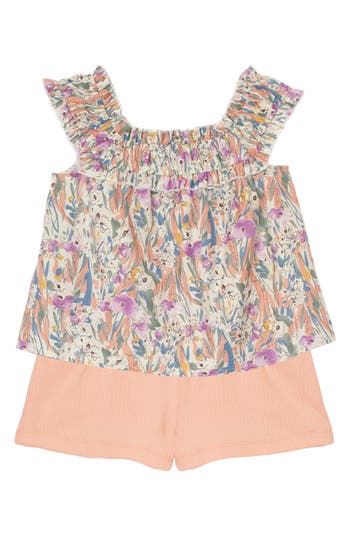 Mabel + Honey Kids' Blooming Beauty Floral Top & Shorts Set In Coral Multi