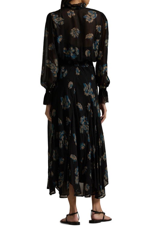 Shop Polo Ralph Lauren Floral Long Sleeve Tie Neck Midi Dress In Midnight Gardenia