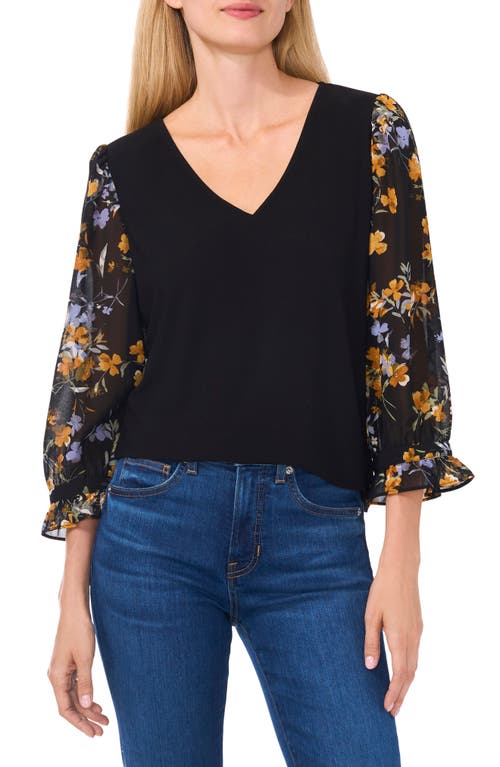 CECE CECE FLORAL SLEEVE V-NECK MIXED MEDIA TOP 