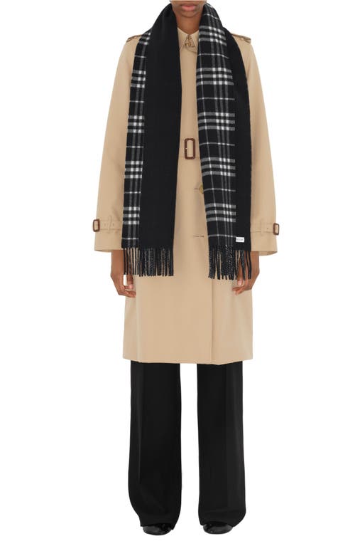 Shop Burberry Icon Check Fringe Reversible Cashmere Scarf In Black/calico Ip Check