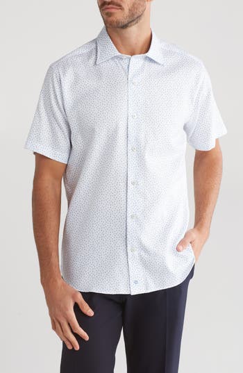 David Donahue Print Cotton Short Sleeve Button-up Shirt In White