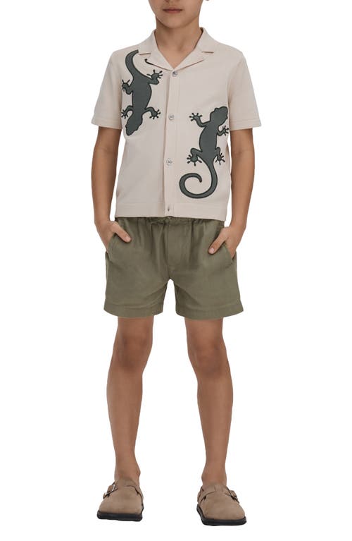 Reiss Kids' Reggie Jr. Lizard Appliqué Camp Shirt In Stone/green